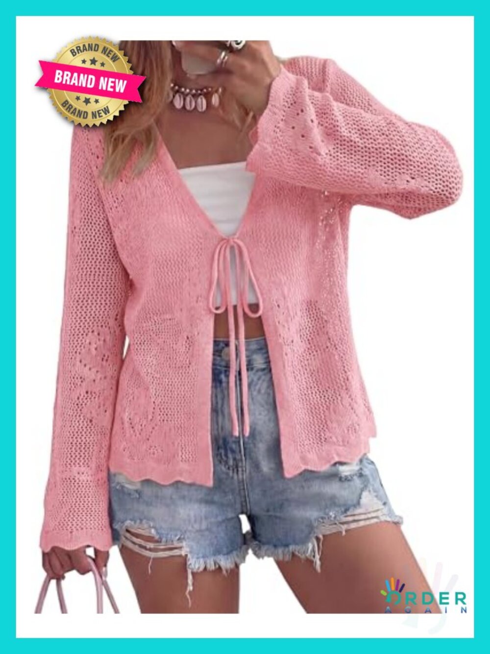 Women's Crochet Knit Cardigan Bell Sleeve Tie Front Lightweight